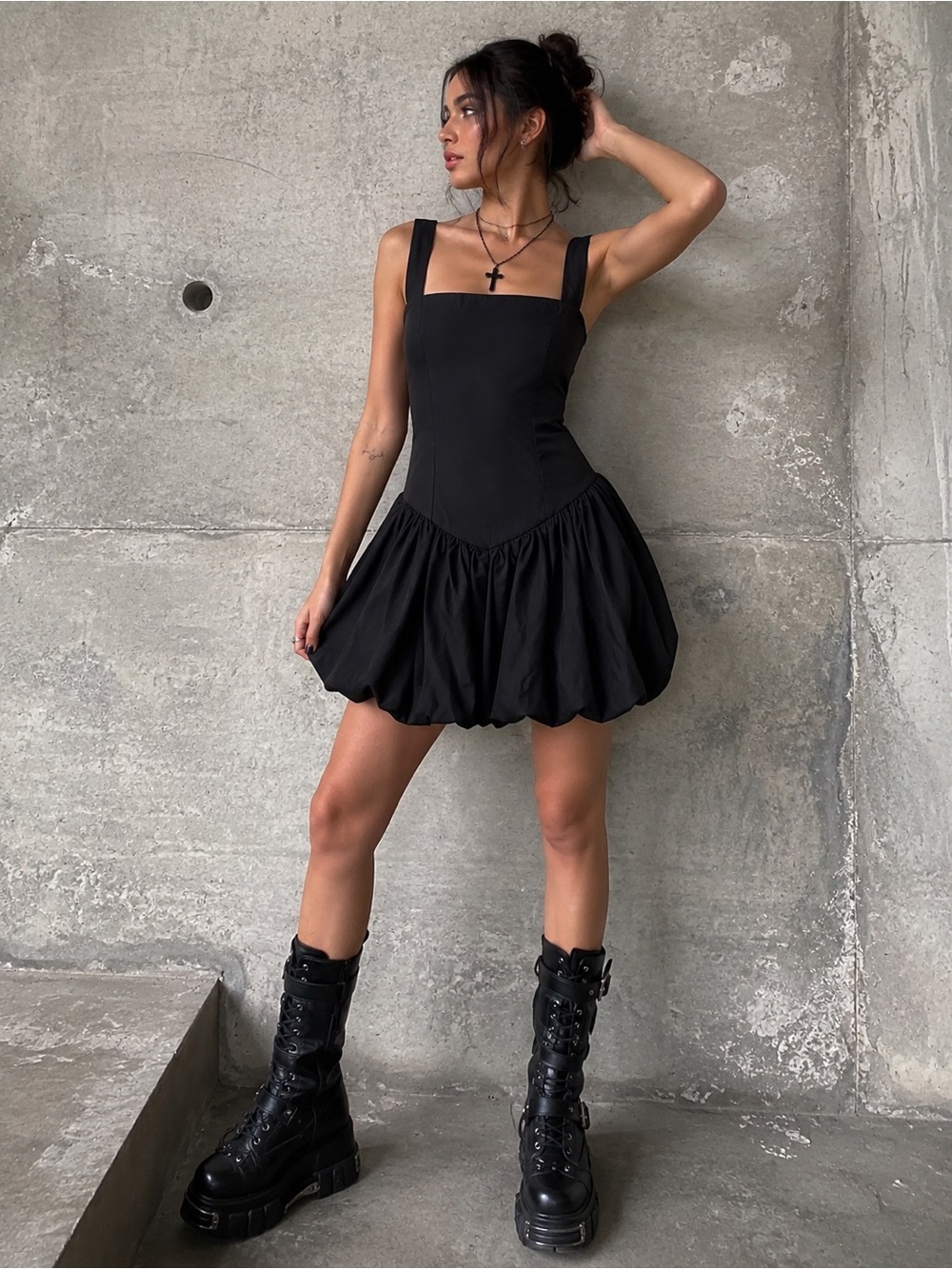 Just Found Black Square Neck Bubble Hem Whimsy Gothic Coquette Mini Dress